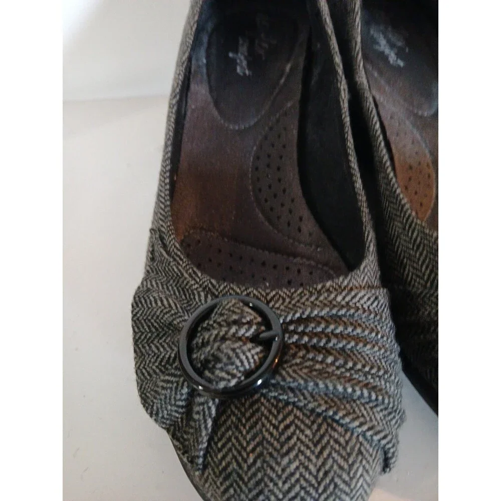 DexFlex Sport Comfort Wedge Gray-Black Plaid Round Buckle Knot  Design  Size-9